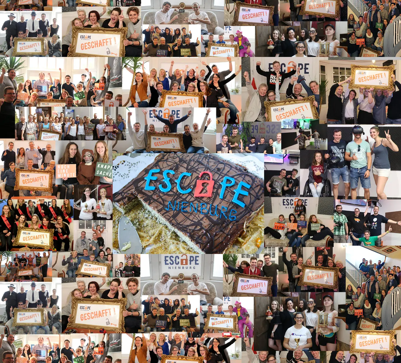 Collage aus vielen Gruppenfotos: Gäste feiern ihren Escape-Erfolg, in der Mitte ein Kuchen mit Escape-Nienburg-Logo